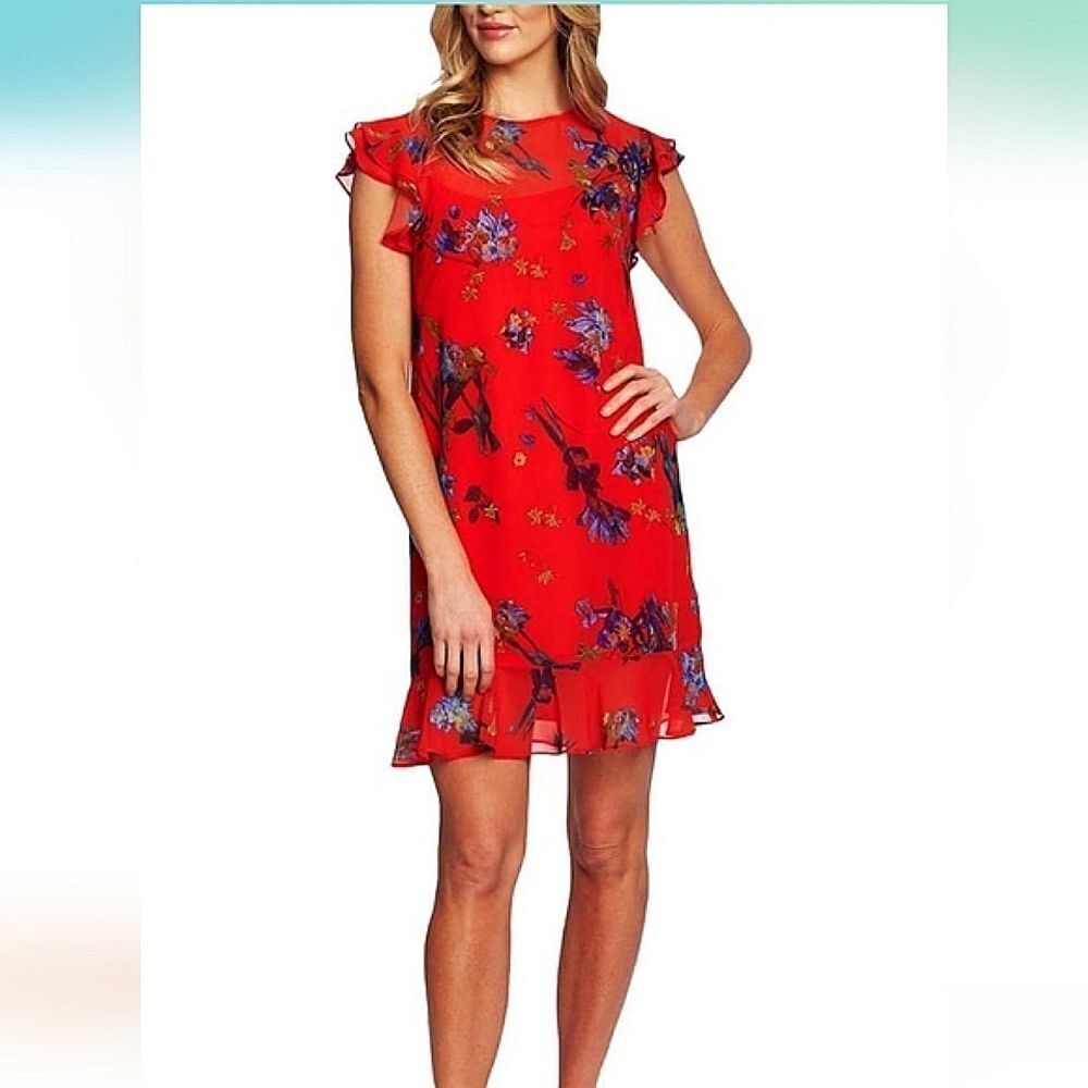 CeCe Womens Ruffled Floral Mini Dress Red XS